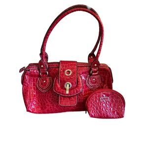 Strada Red Croc Embossed Faux Leather Satchel Handbag with Matching Coin Purse